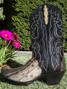 Women's Dan Post Snake Skin and Leather Cowboy Boots, Blk and Brn 8.5M Superb